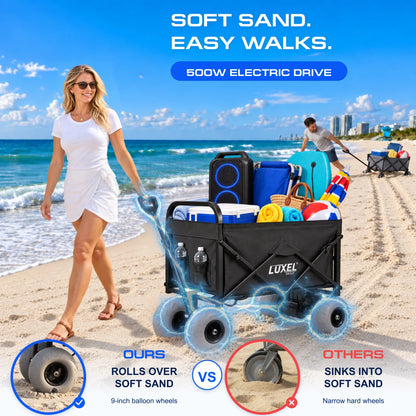 Electric versus manual wagon comparison pulling through soft sand