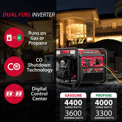 Dual fuel inverter generator with features highlighted and a house in the background.