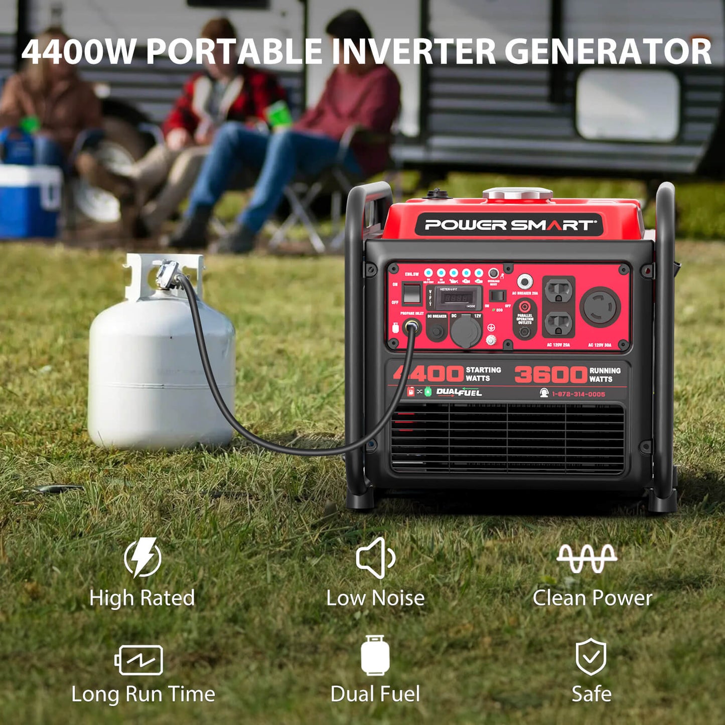 Portable inverter generator with fuel tank on grass, people in the background