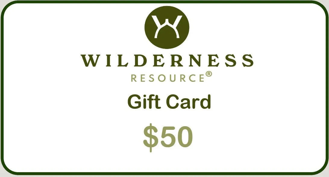 Colorful gift card selection from Wilderness Resource, available in various amounts from $25 to $1000, suitable for any outdoor adventure budget.