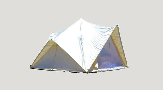 Luxurious Pyramid Tent by Wilderness Resource, uniquely shaped with extended awnings for superior rain protection.